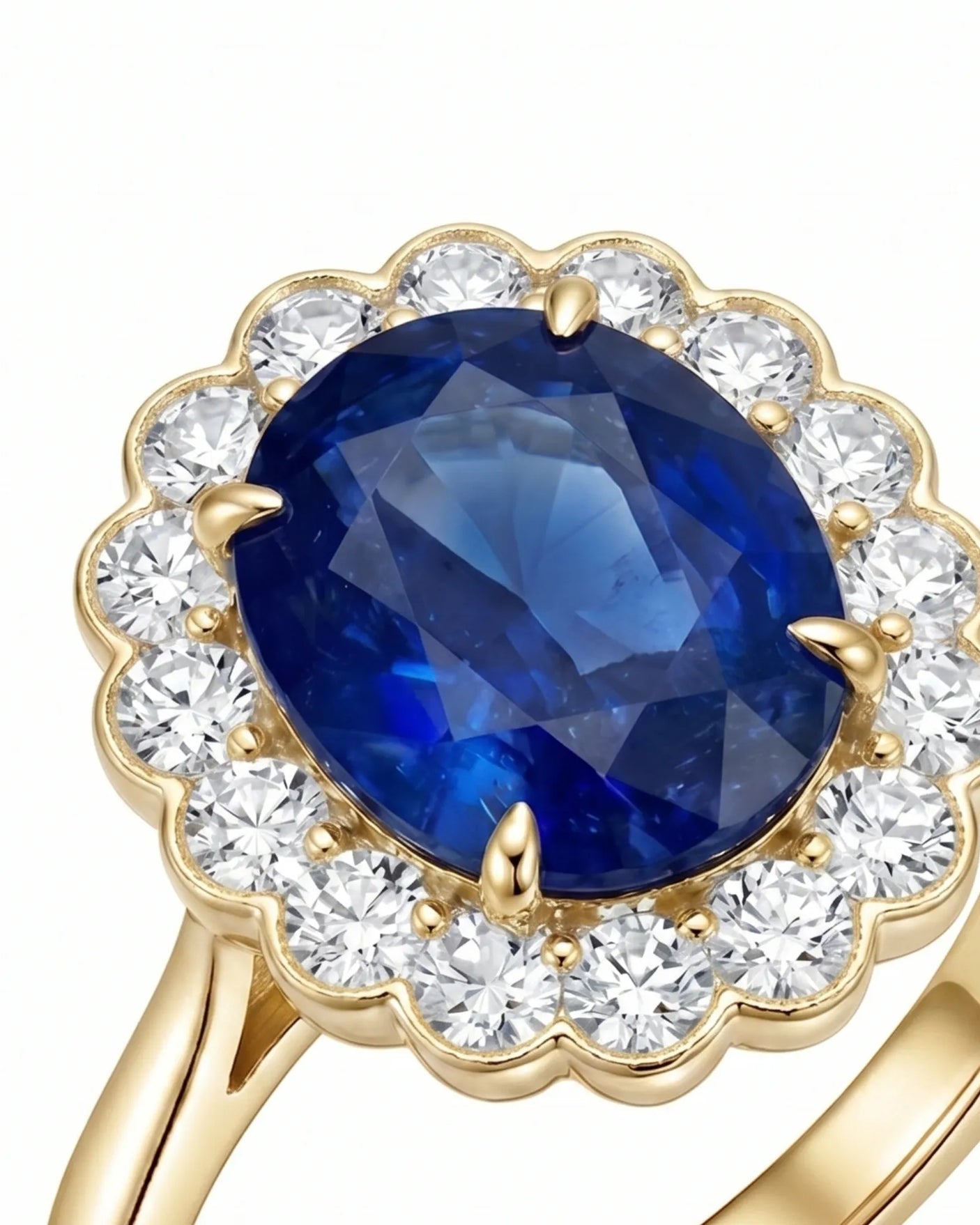 Oval sapphire cocktail ring with diamond halo in 18K yellow gold SARATTI.