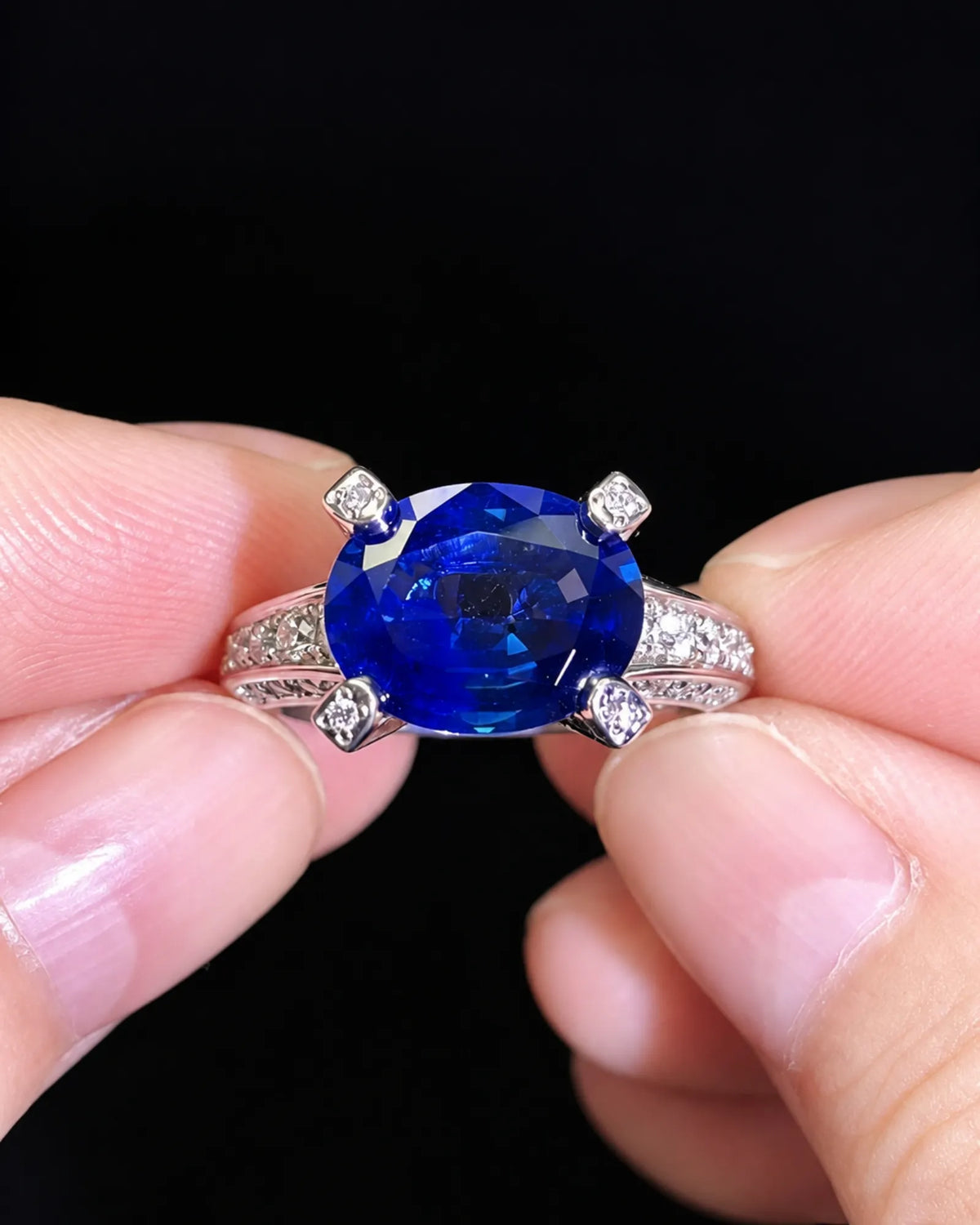 Oval sapphire statement ring with diamond-set prongs and pavé shoulders in platinum | SARATTI