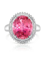 Oval tourmaline ring with round and baguette diamonds in elegant 18K white gold | SARATTI