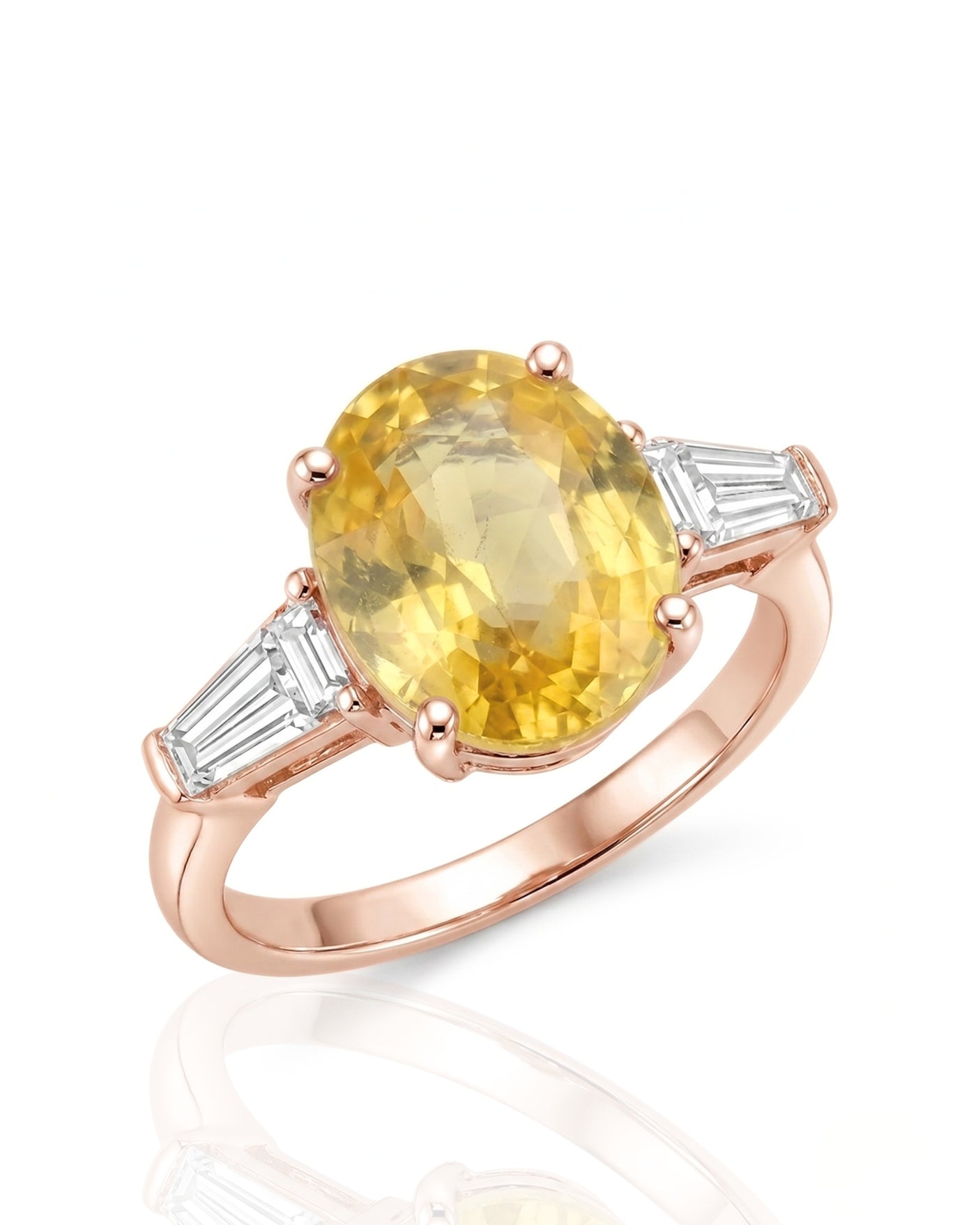 Oval yellow sapphire ring with T-shaped diamond accents in 18K rose gold | SARATTI