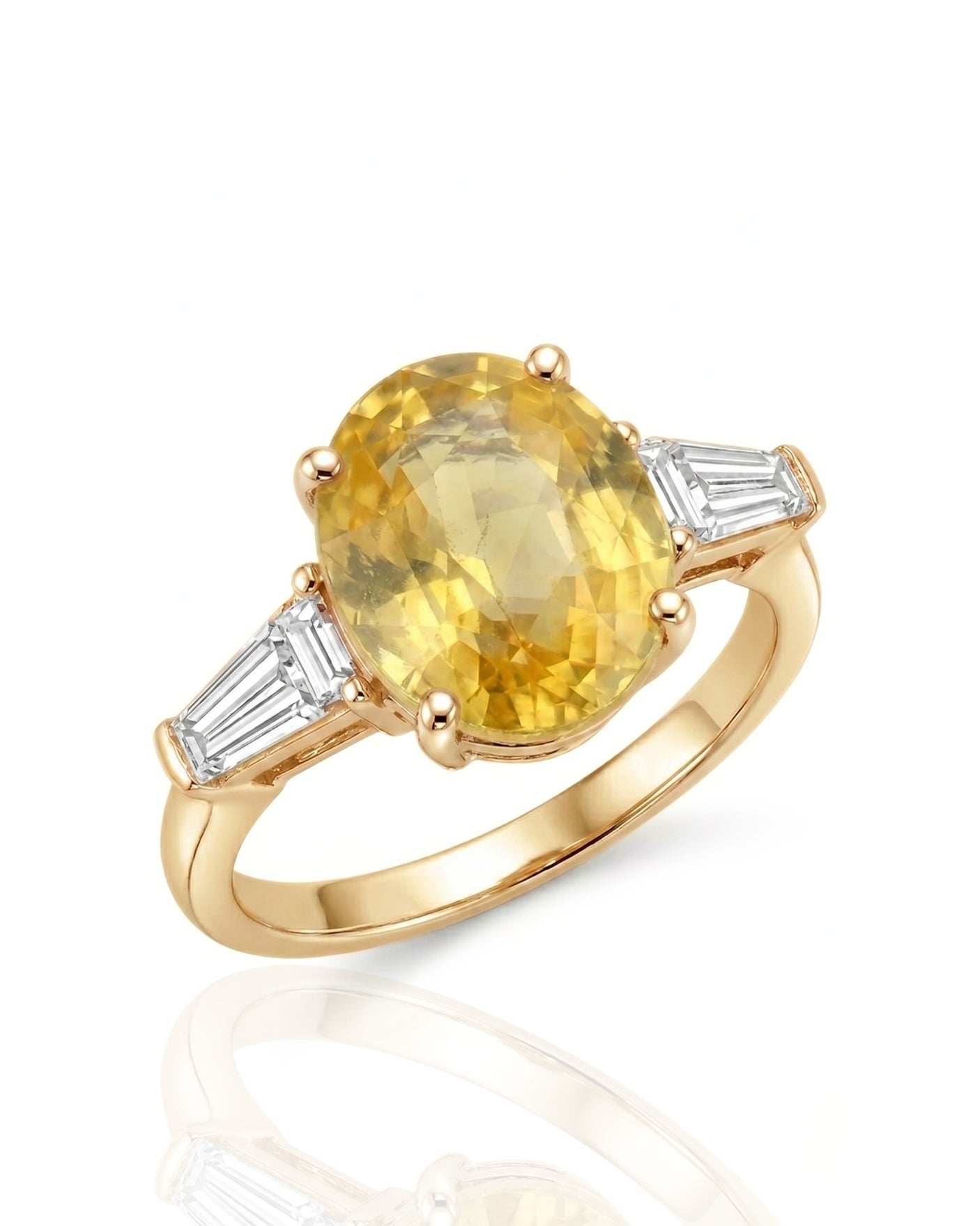 Oval yellow sapphire ring with T-shaped diamond accents in 18K yellow gold | SARATTI