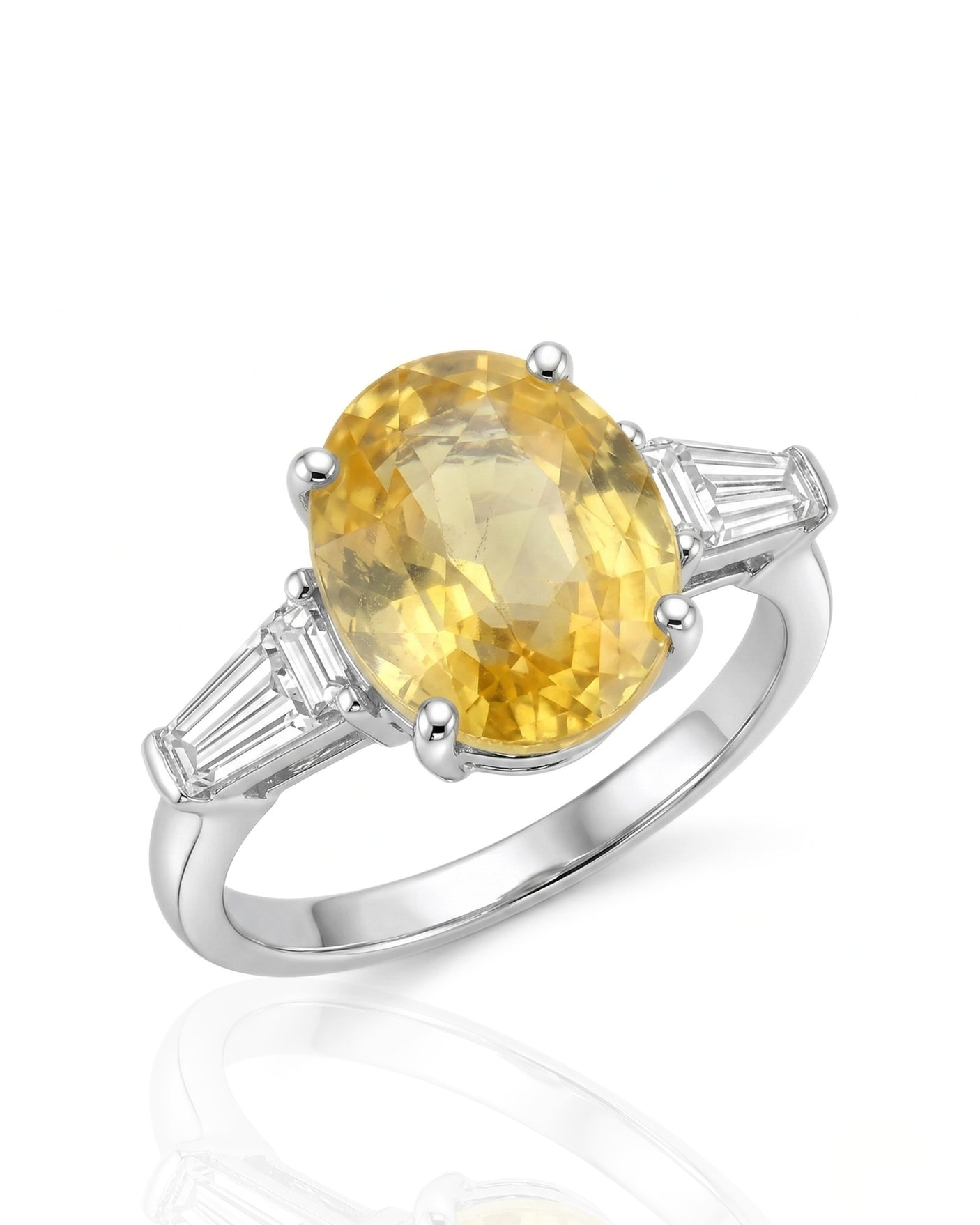 Oval yellow sapphire ring with T-shaped diamond accents in polished platinum | SARATTI