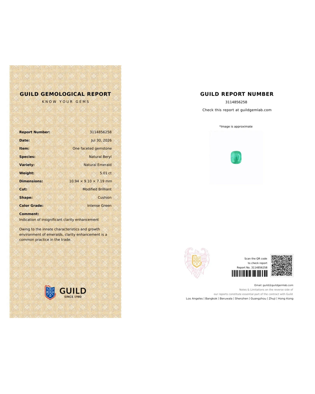 GUILD report for 5.01ct Natural Emerald recording Intense Green colour and insignificant clarity enhancement | SARATTI