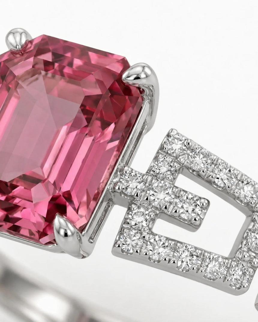 Passion Seal pink tourmaline ring with diamond buckle motif in polished platinum | SARATTI