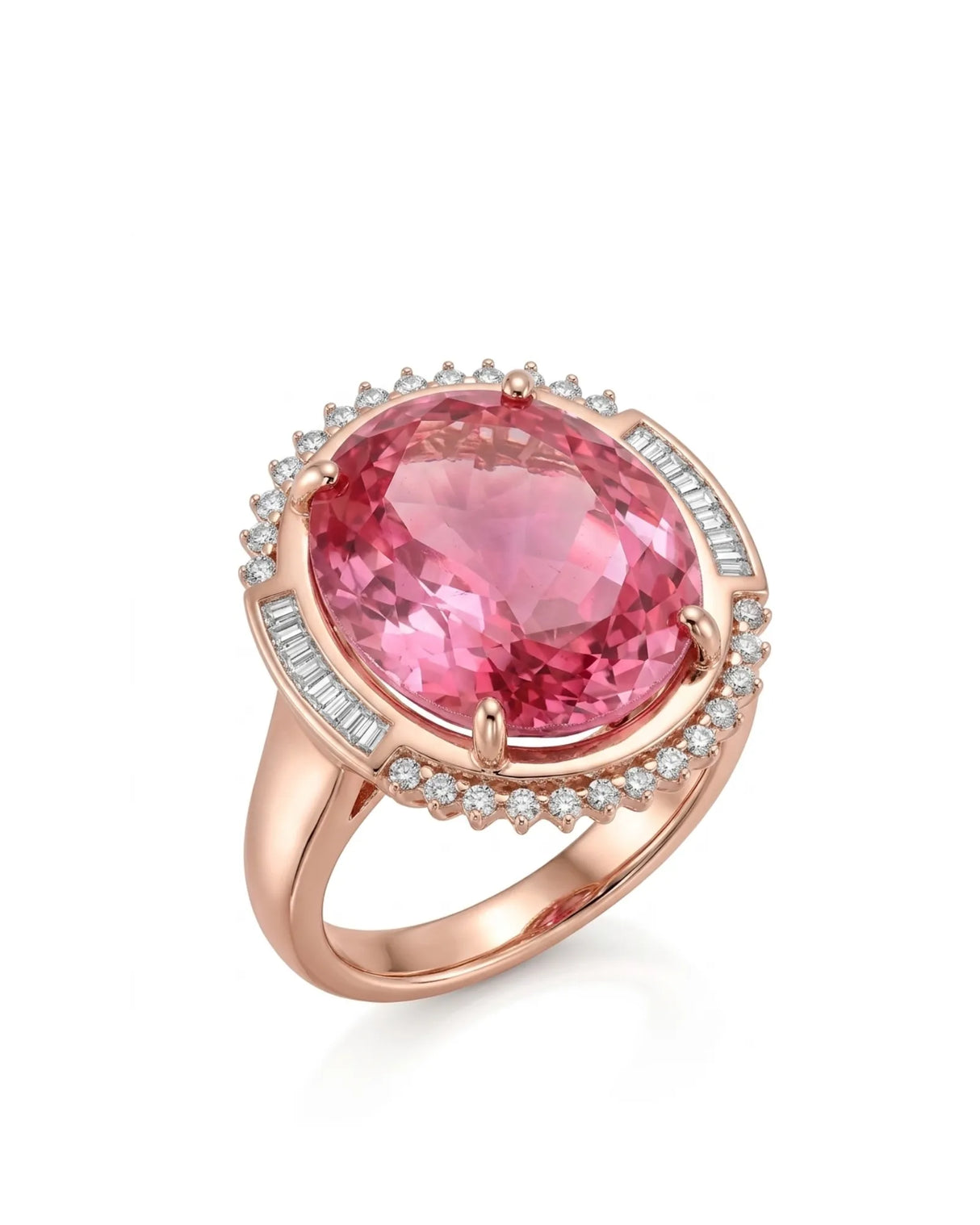 Passion pink tourmaline ring with oval center stone and diamond halo in 18K rose gold | SARATTI