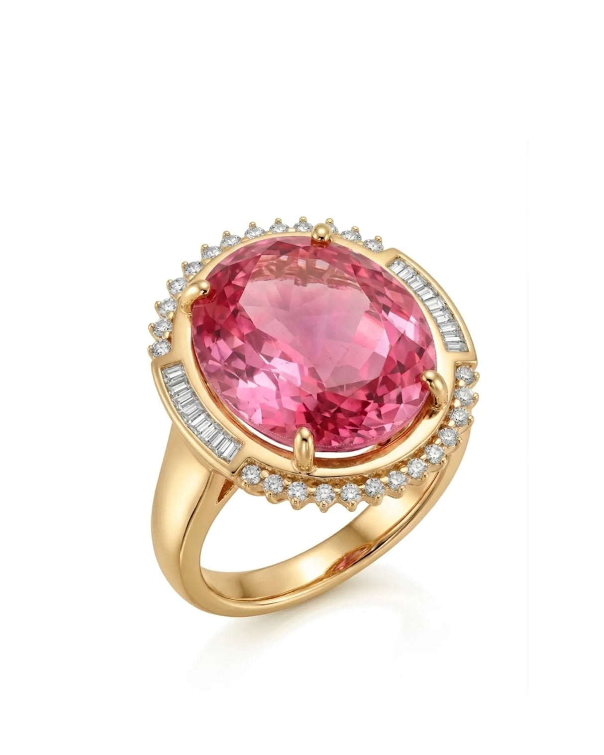 Passion pink tourmaline ring with oval center stone and diamond halo in 18K yellow gold | SARATTI