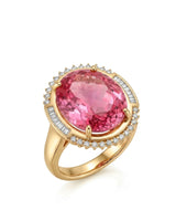Passion pink tourmaline ring with oval center stone and diamond halo in 18K yellow gold | SARATTI