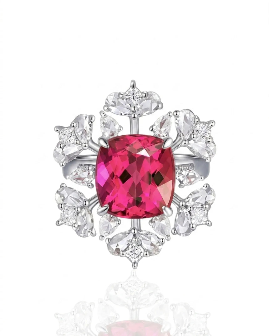Passion pink tourmaline ring with sculptural diamond accents in 18K white gold | SARATTI