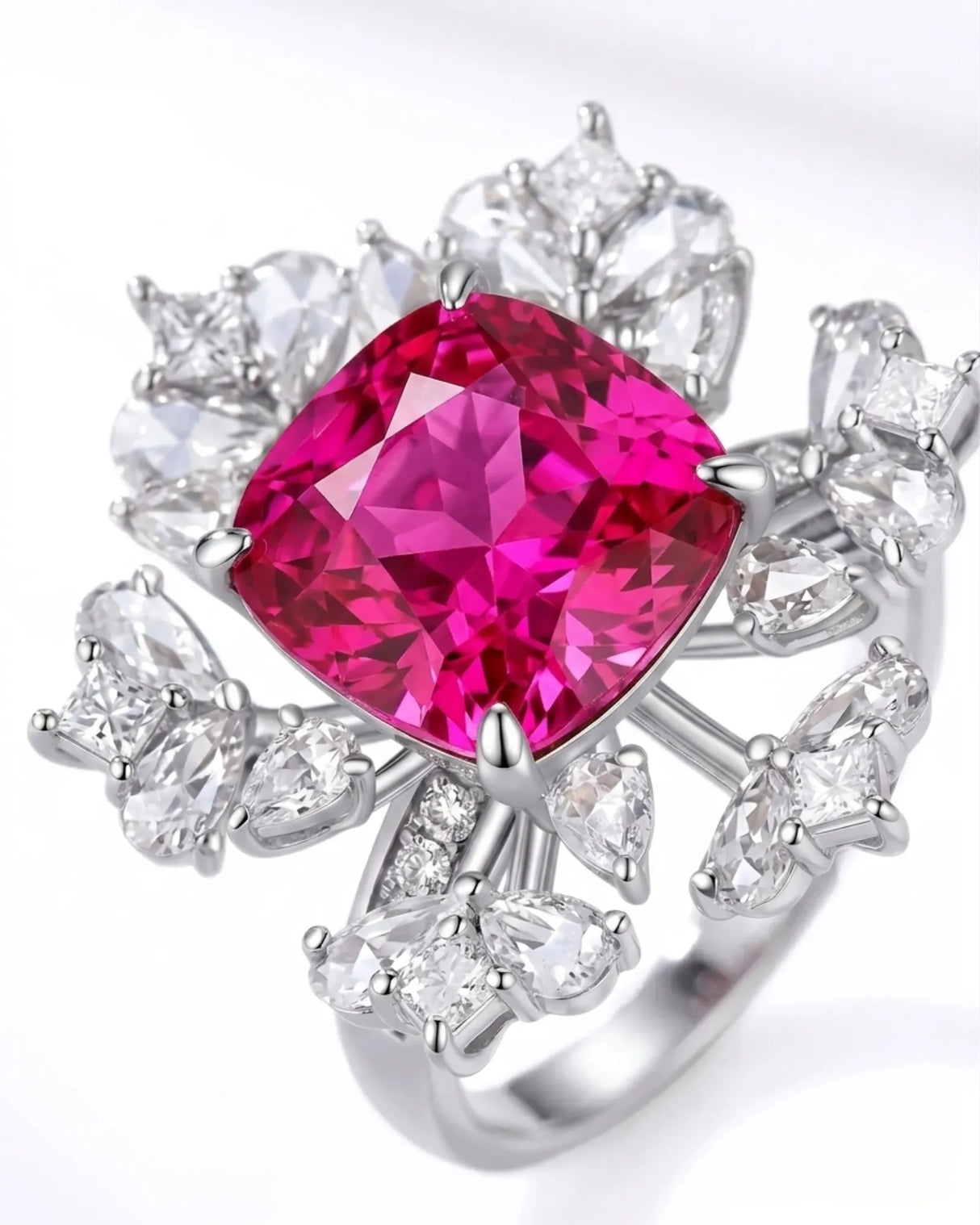 Passion pink tourmaline ring with sculptural diamond accents in a platinum design | SARATTI