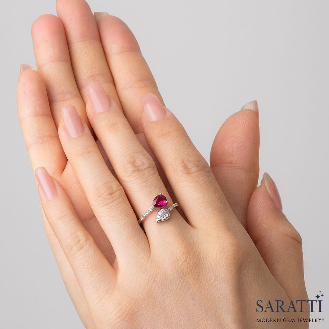 Pear Shape Ruby Ring in 18K White Gold | Saratti
