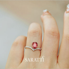 Centre Stone Perspective | Model Wears the White Gold Teardrop Tiara Pink Tourmaline Engagement Ring | Saratti Fine Jewelry 
