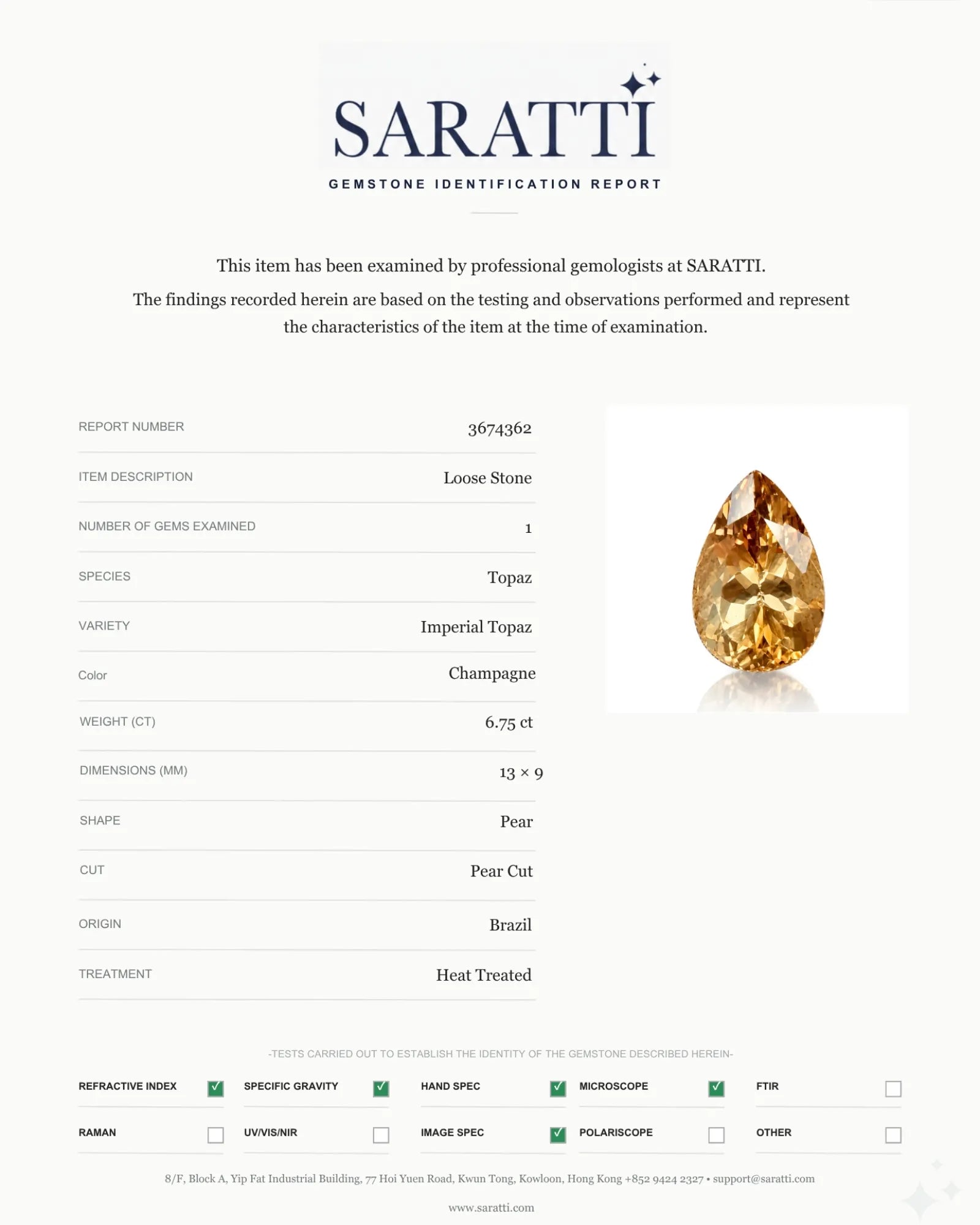 Pear-cut Natural Imperial Topaz facet detail close-up | SARATTI
