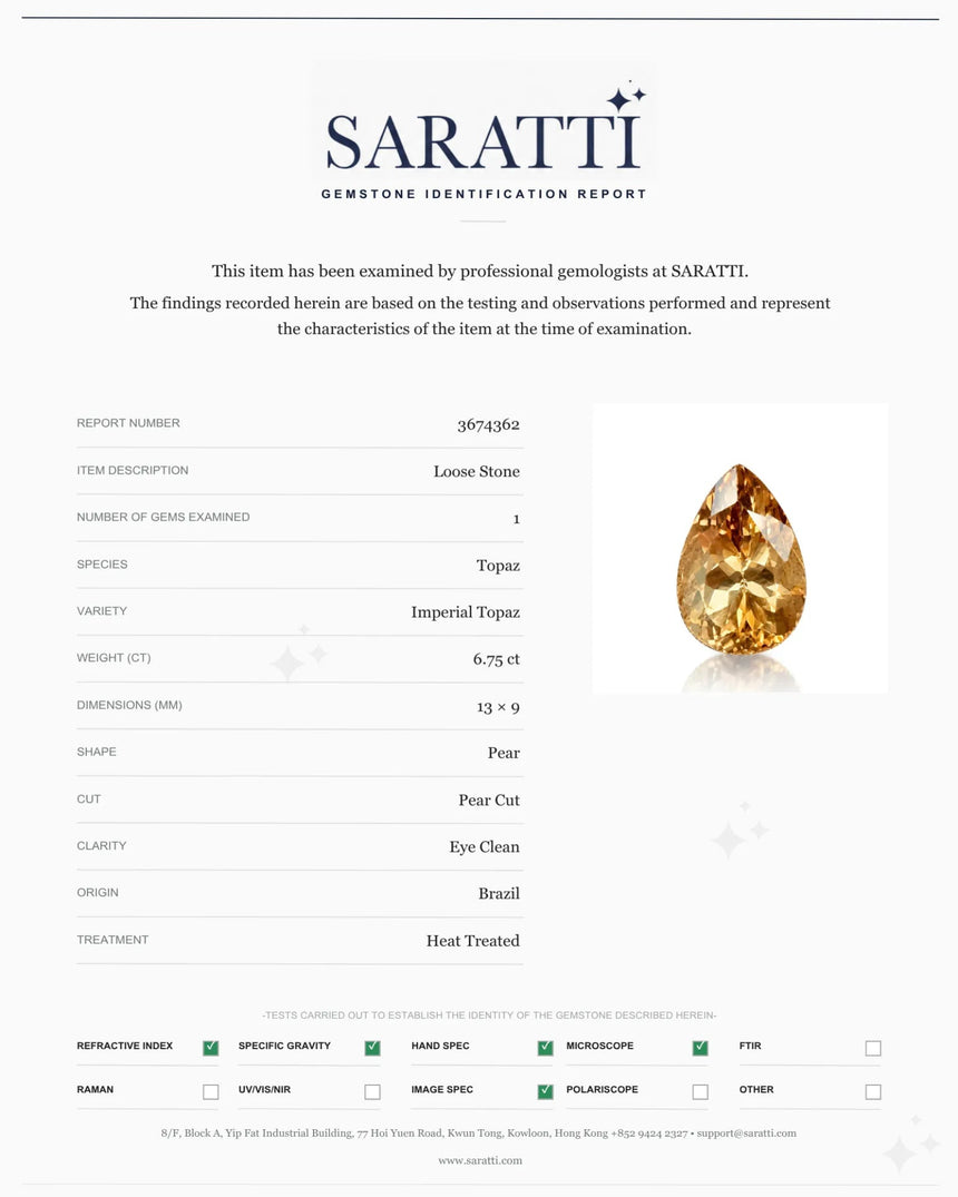 Pear-cut Natural Imperial Topaz facet detail close-up | SARATTI