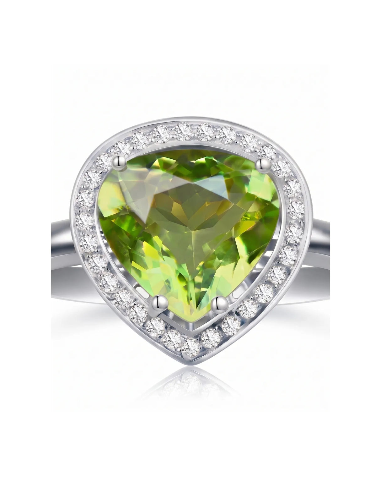Pear-shaped green tourmaline halo ring with natural diamonds in polished Platinum | SARATTI