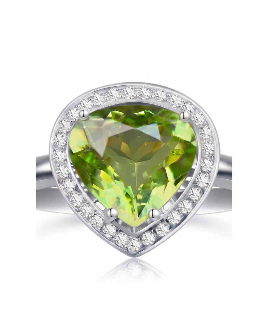 Pear-shaped green tourmaline halo ring with natural diamonds in polished Platinum | SARATTI