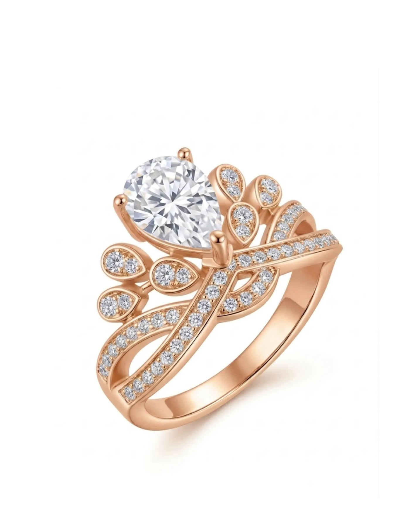 Pear-shaped moissanite engagement ring with tiara-inspired crown, round accents, and 18K rose gold setting | SARATTI
