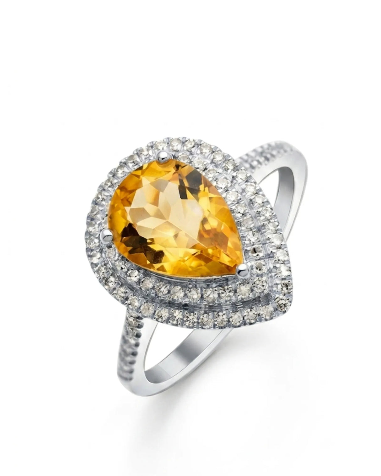Pear-shaped natural citrine ring with double diamond halo and pavé band in polished platinum | SARATTI