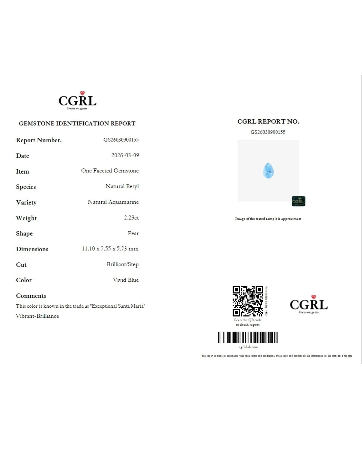 Pear Aquamarine measuring 11.10 × 7.55 × 5.73 mm | SARATTI