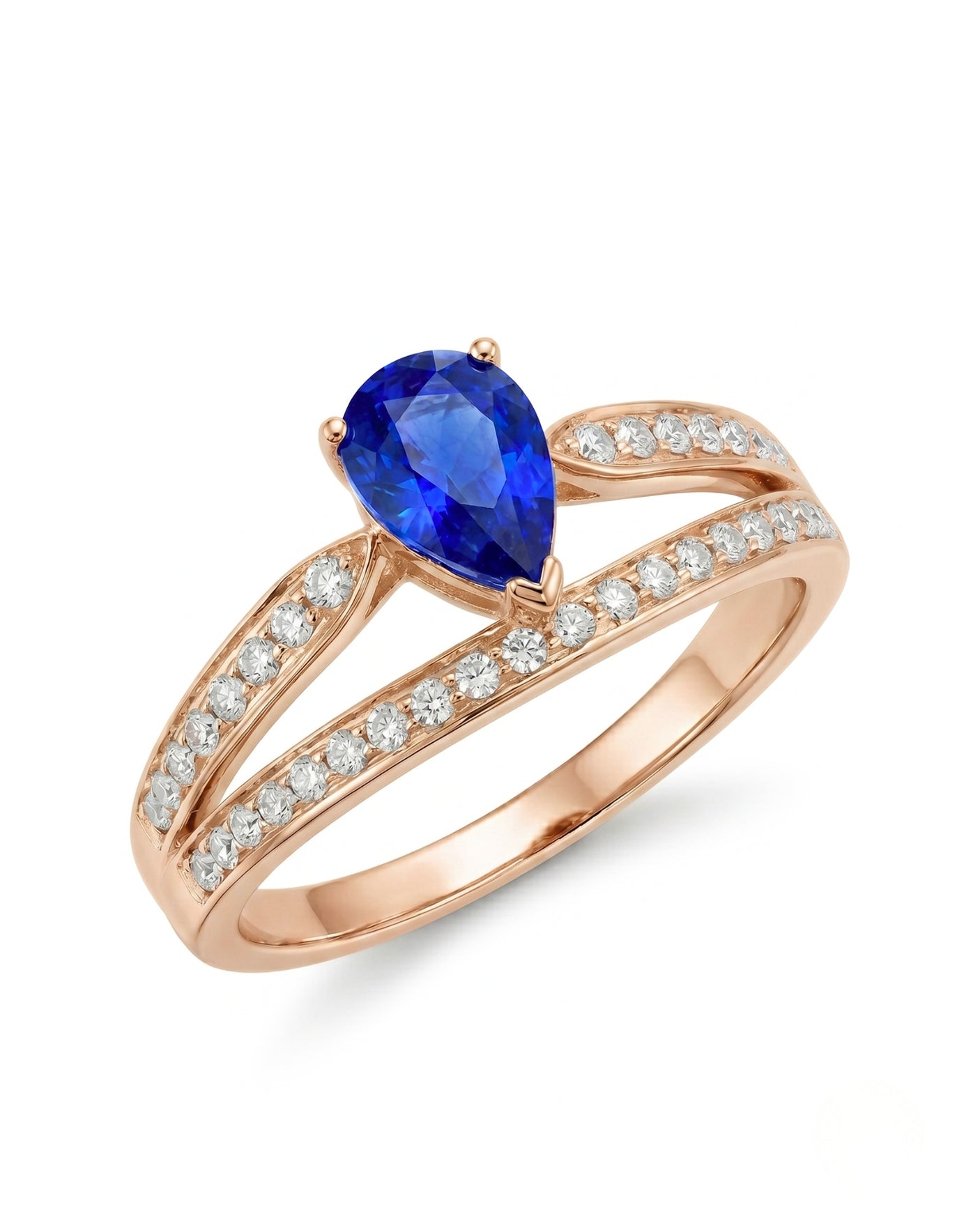 Pear blue sapphire split shank ring with round diamond accents in 18K rose gold | SARATTI