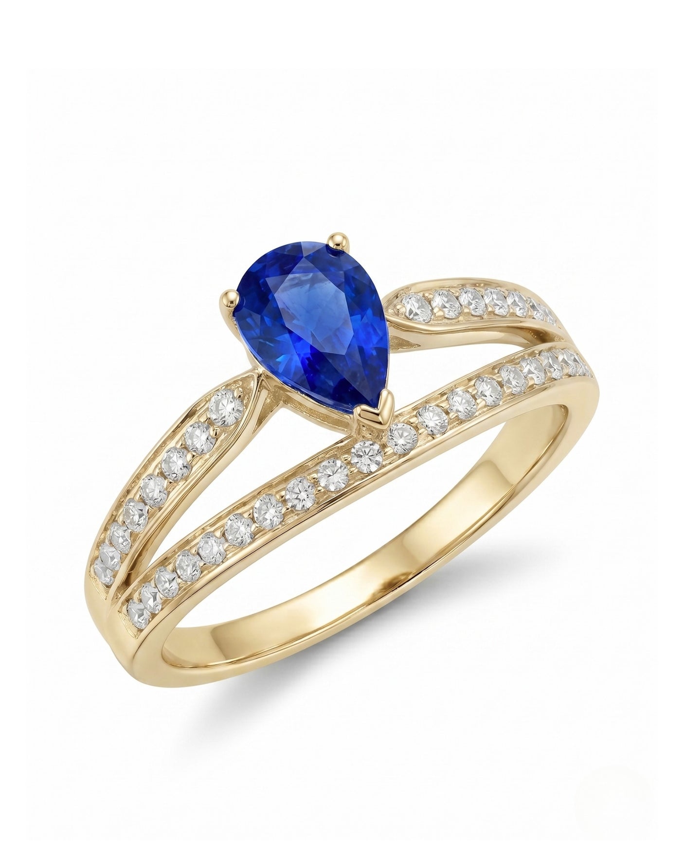 Pear blue sapphire split shank ring with round diamond accents in 18K yellow gold | SARATTI
