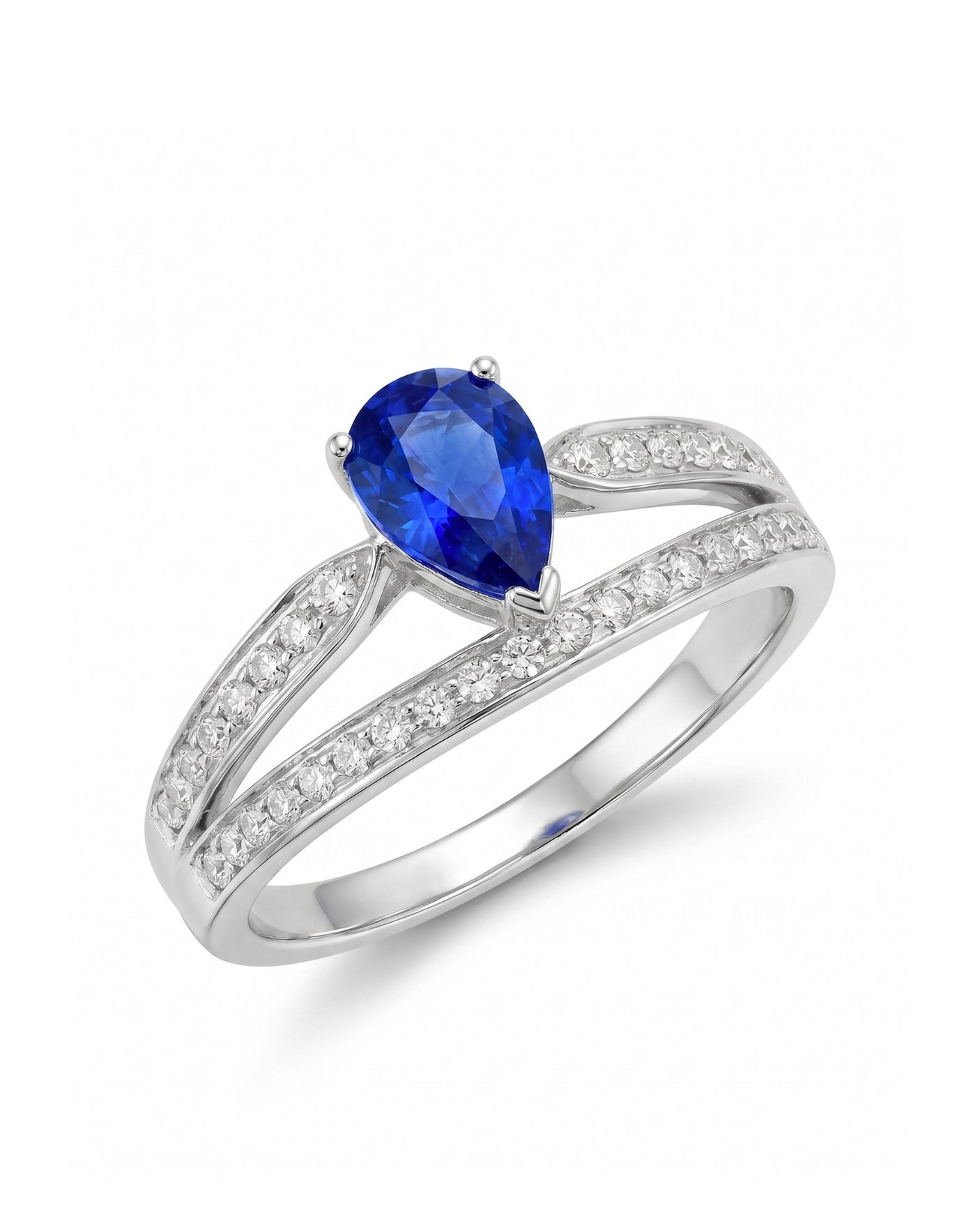 Pear blue sapphire split shank ring with round diamond accents in polished platinum | SARATTI