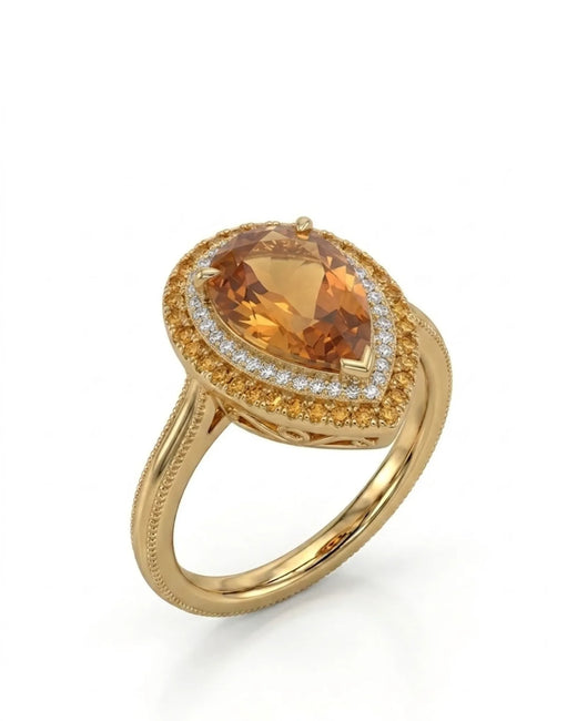Pear cut Natural Imperial Topaz double halo setting in 18K yellow gold | SARATTI