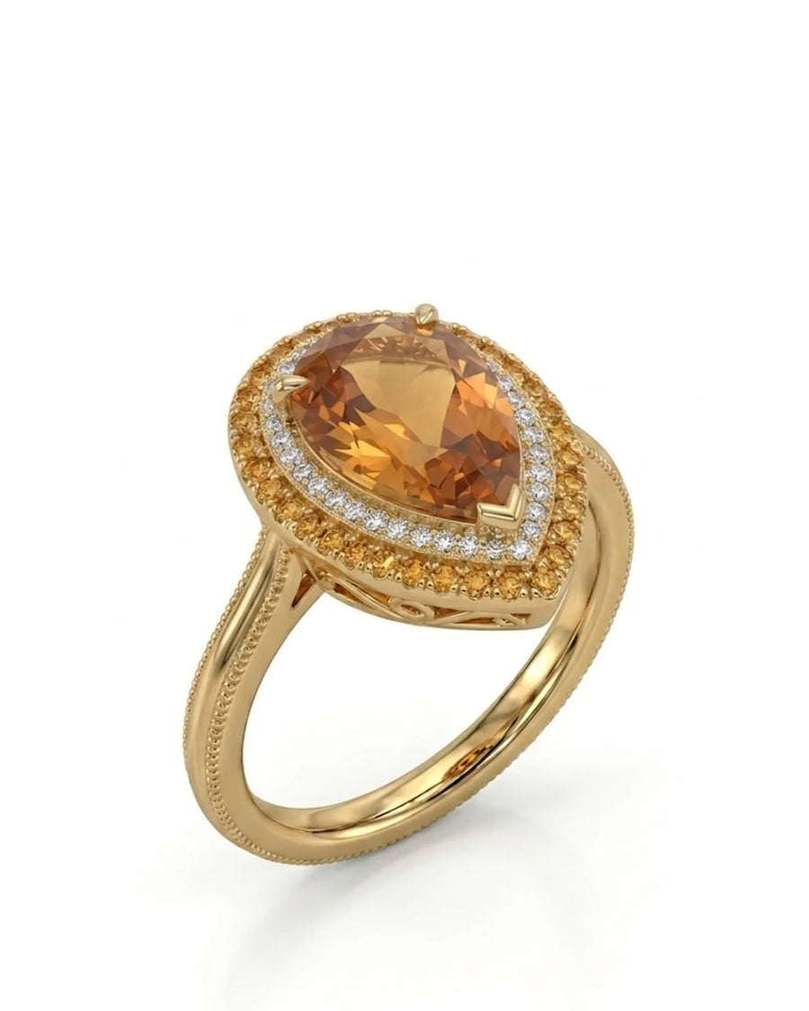 Pear cut Natural Imperial Topaz double halo setting in 18K yellow gold | SARATTI