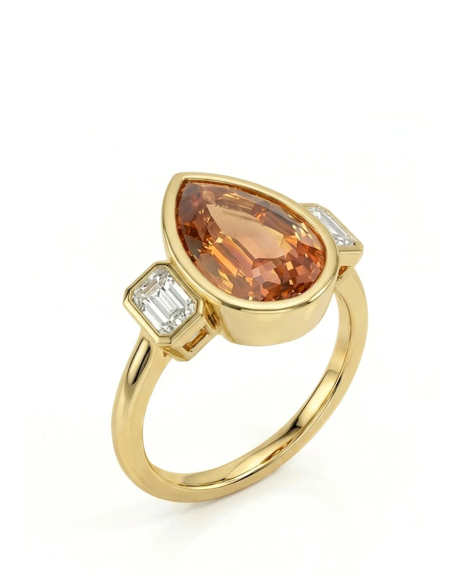 Pear cut Natural Imperial Topaz three-stone bezel setting in 18K yellow gold | SARATTI