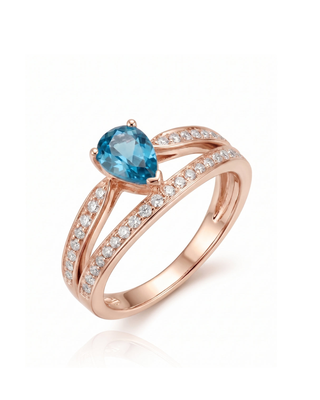 Aveline Vow pear-cut Aquamarine diamond split-shank ring setting in rose gold, 45-degree view | SARATTI