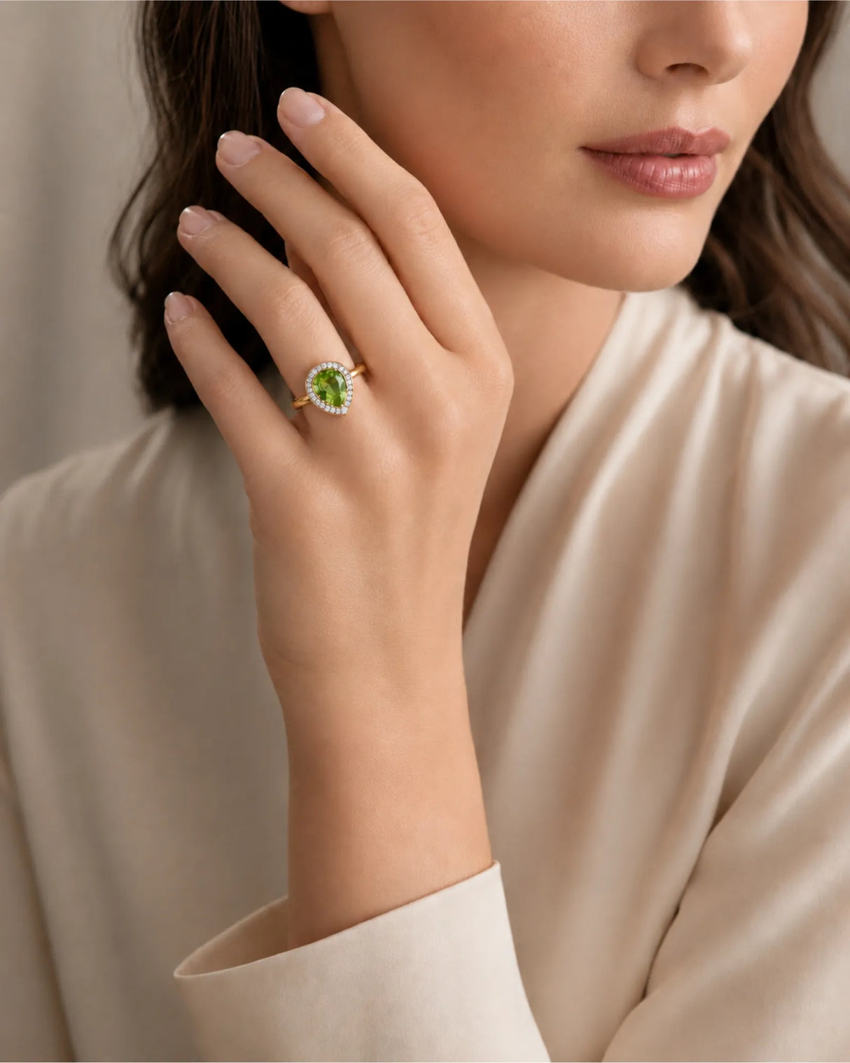 Pear green tourmaline engagement ring with sparkling diamonds in 18K Rose Gold | SARATTI