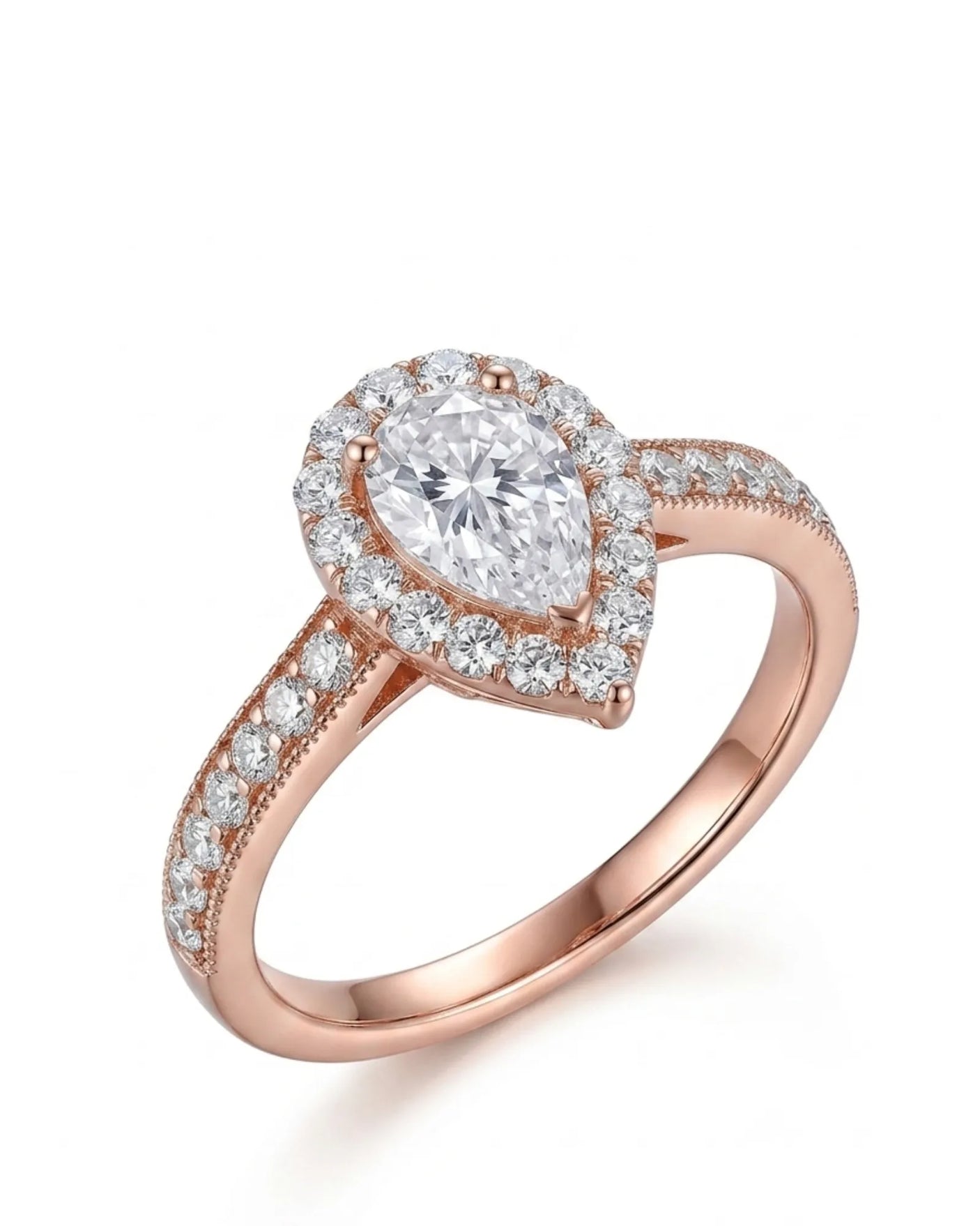 Pear moissanite engagement ring with round halo and pavé band in 18K rose gold | SARATTI