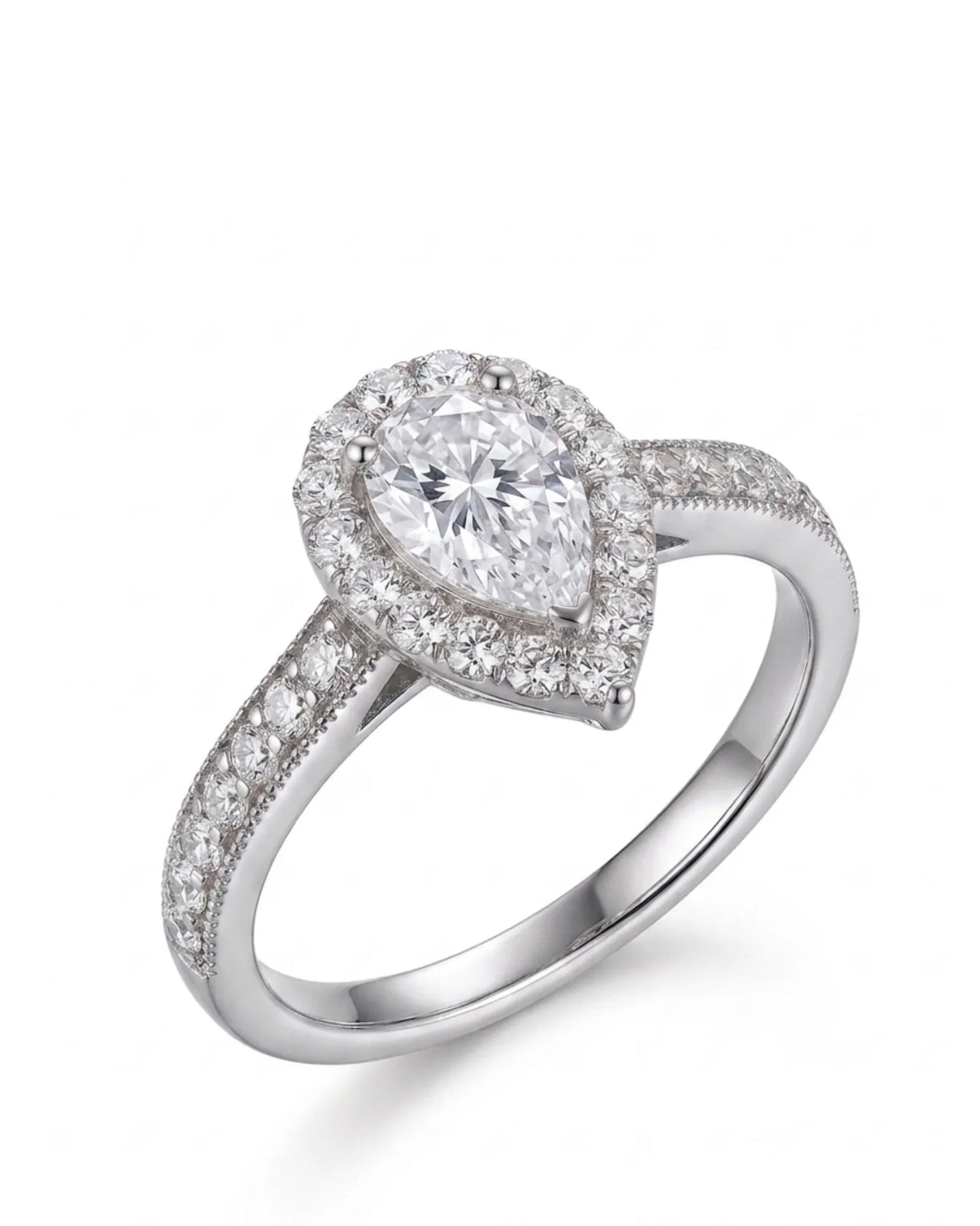Pear moissanite engagement ring with round halo and pavé band in 18K white gold | SARATTI