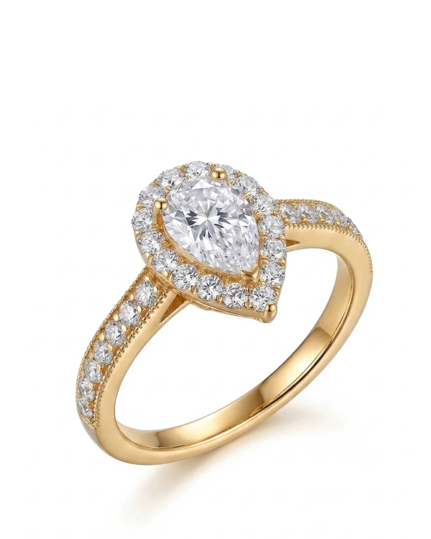 Pear moissanite engagement ring with round halo and pavé band in 18K yellow gold | SARATTI