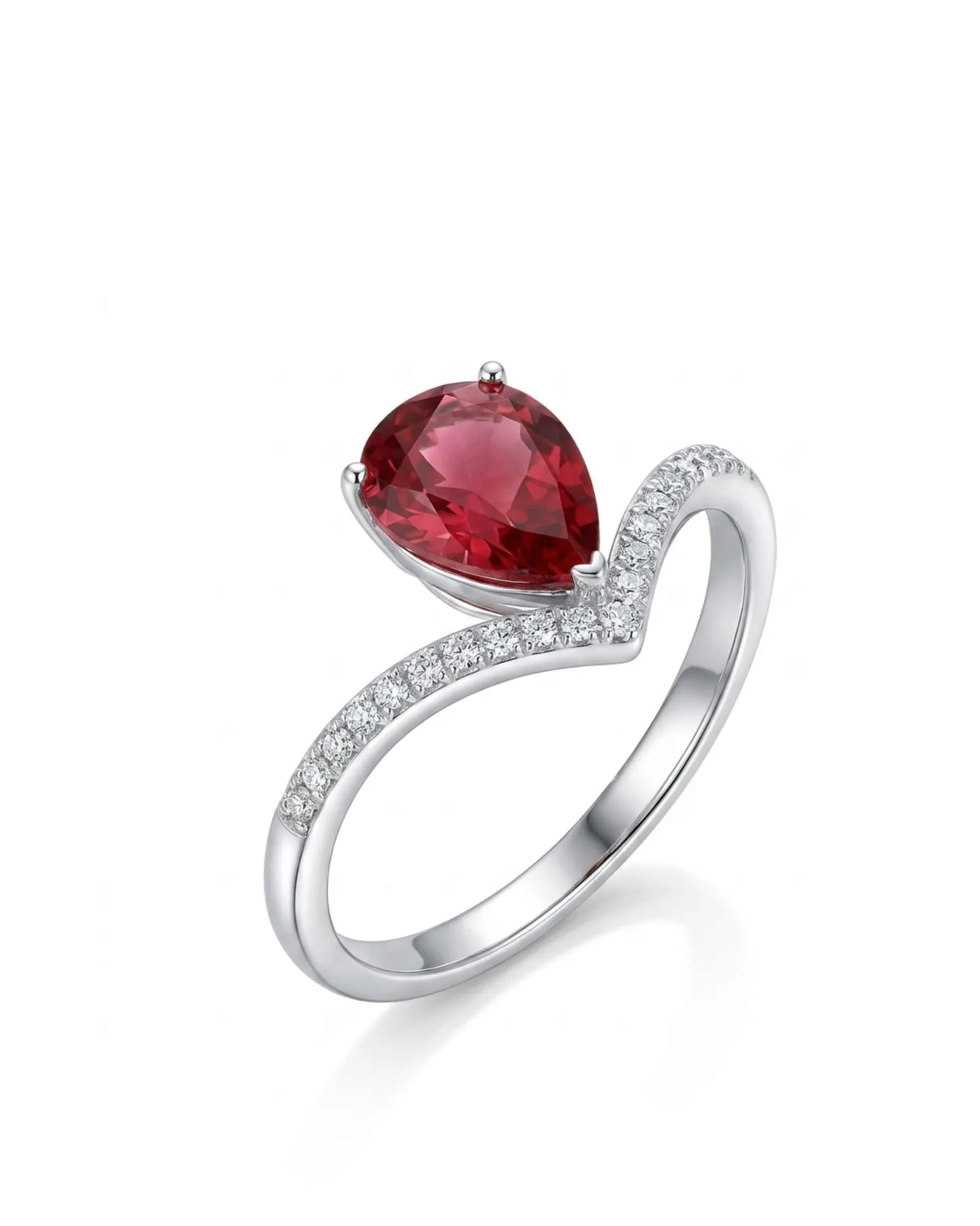 Pear pink tourmaline engagement ring with diamond tiara shank in 18K white gold | SARATTI