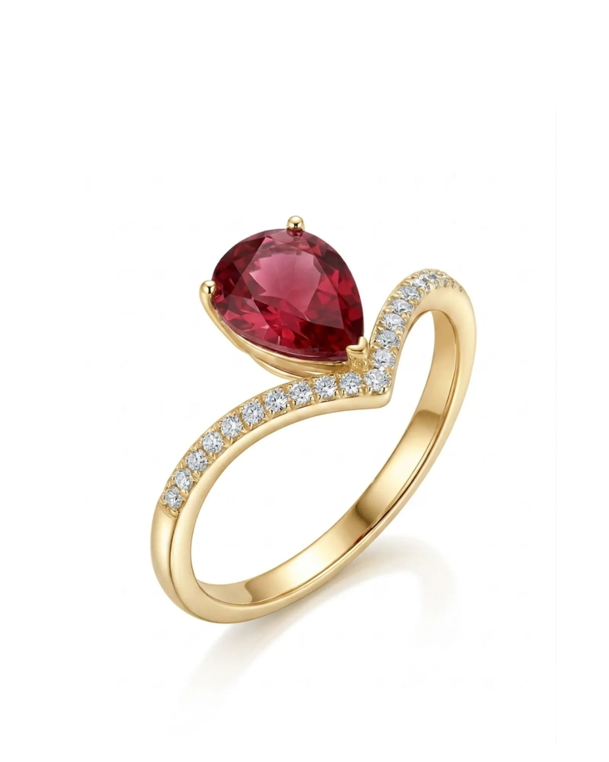 Pear pink tourmaline engagement ring with diamond tiara shank in 18K yellow gold | SARATTI