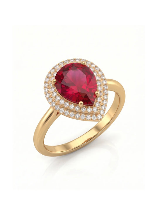 Pear red-pink tourmaline ring with double diamond halo in 18K yellow gold | SARATTI