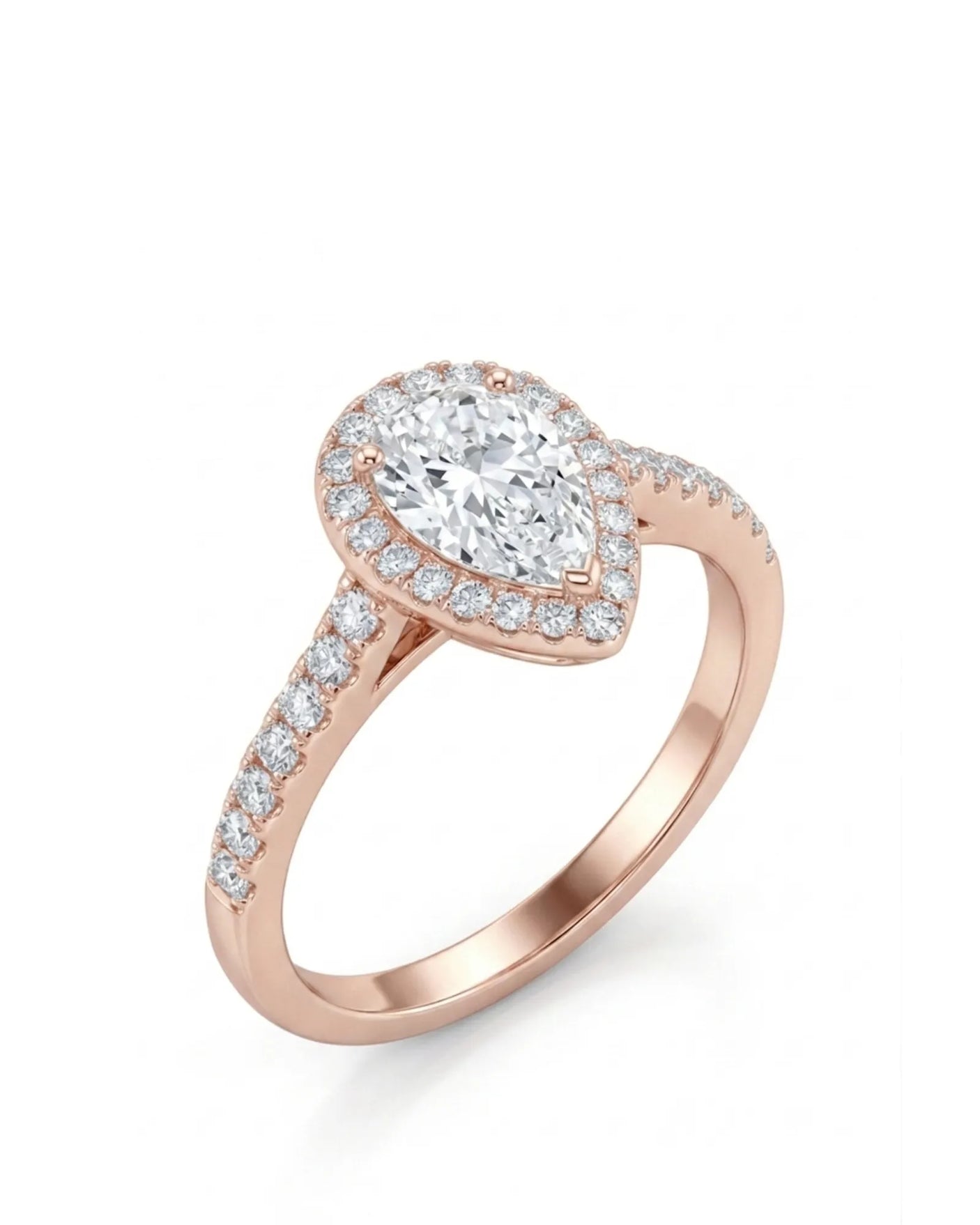 Pear shaped moissanite engagement ring with round halo and pavé shoulders in 18K rose gold | SARATTI