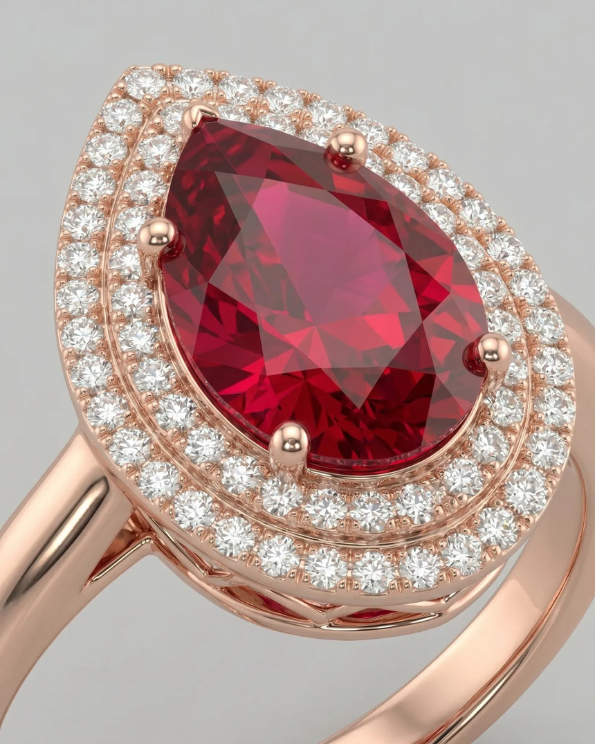 Pear tourmaline engagement ring with double diamond halo in 18K rose gold | SARATTI