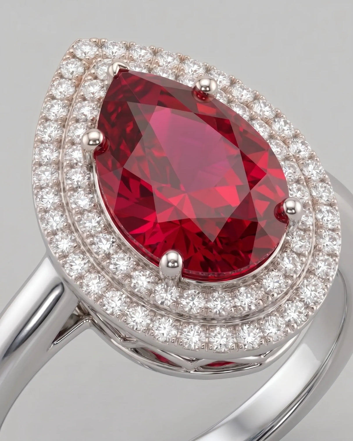Pear tourmaline engagement ring with double diamond halo in premium platinum | SARATTI