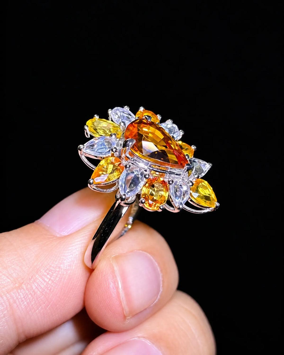 Pear yellow sapphire cocktail ring with colourful layered floral cluster and PT900 platinum craftsmanship | SARATTI