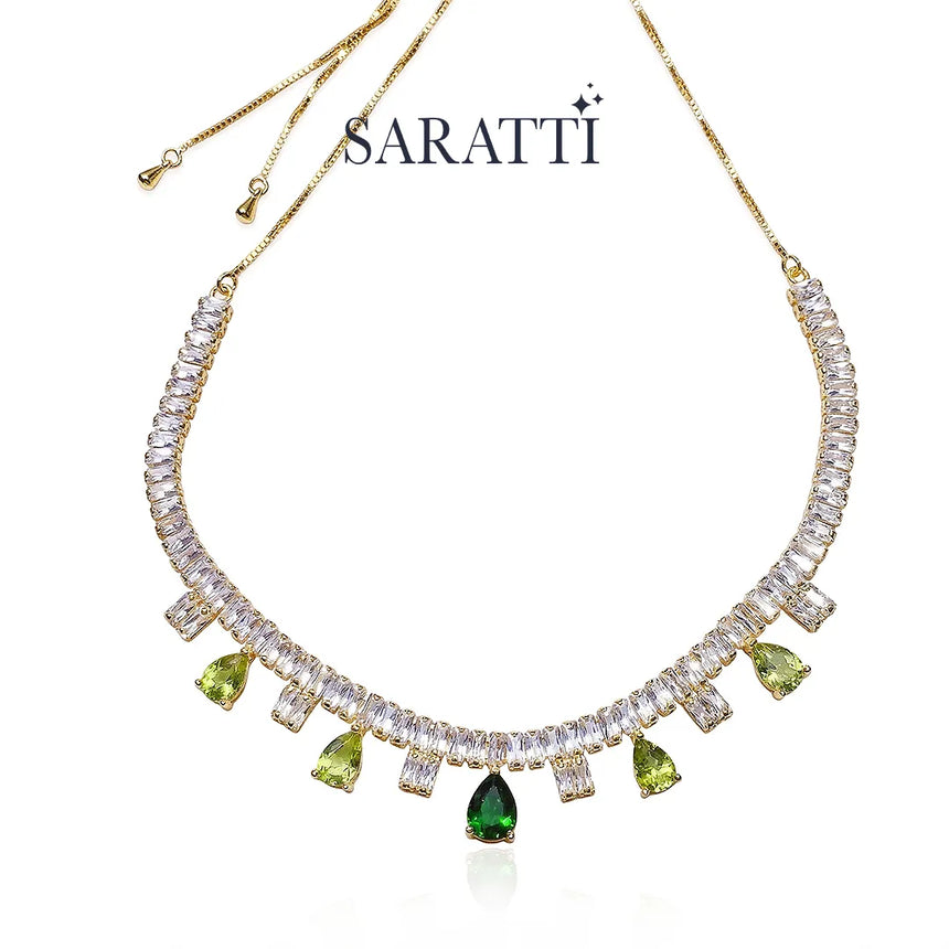 Peridot and chrome diopside collar necklace with drop accents | SARATTI

