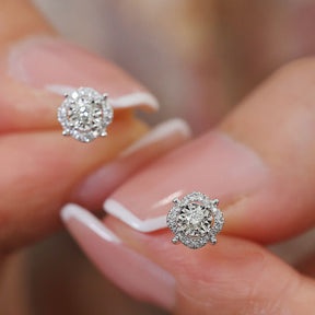Petite Hollow Halo Diamond Gold Earring Stud in Model's Fingers  | Saratti | Custom Fine and High Jewelry 
