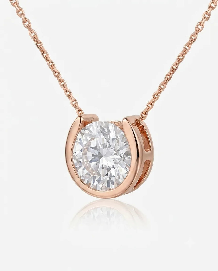 Petite round diamond bezel necklace in 18K Rose Gold, 45-degree view | SARATTI