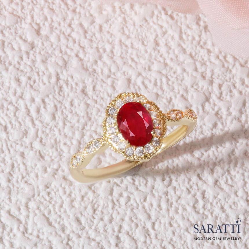 Oval Halo Prong Set Gold Ruby Ring with Diamonds