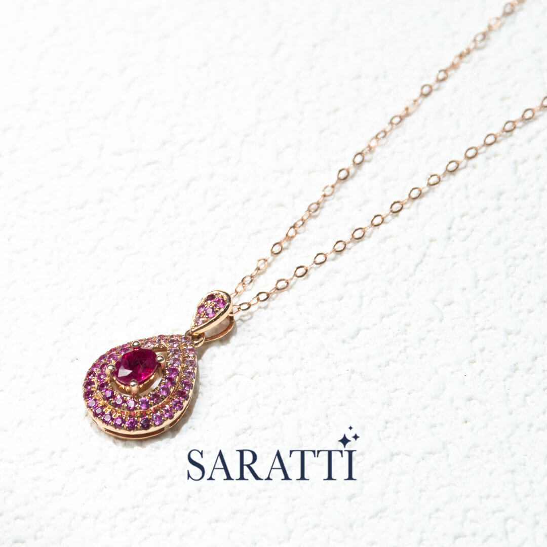 Side Shot of the Yellow Gold Mogok Rose Red Ruby Pendant | Saratti Fine Jewelry 