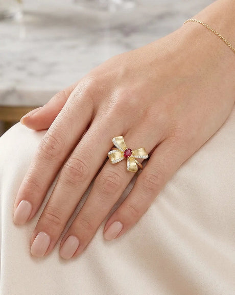 Pigeon Blood Red Ruby Ring with Diamond Accents in 18K Yellow Gold | SARATTI
