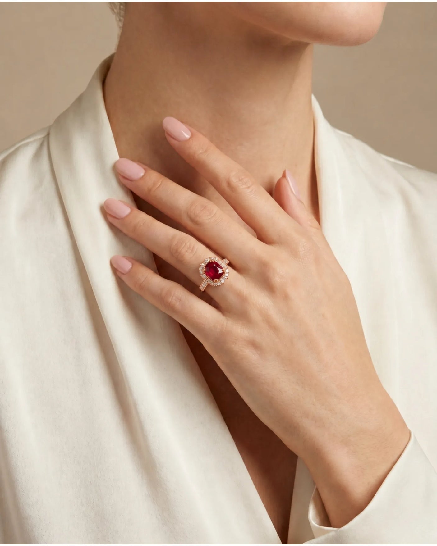 Pigeon blood ruby ring with geometric diamond halo in 18K rose gold - SARATTI