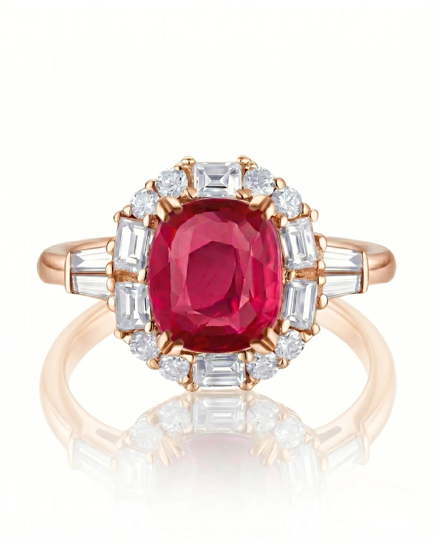 Pigeon blood ruby ring with geometric diamond halo in 18K rose gold | SARATTI