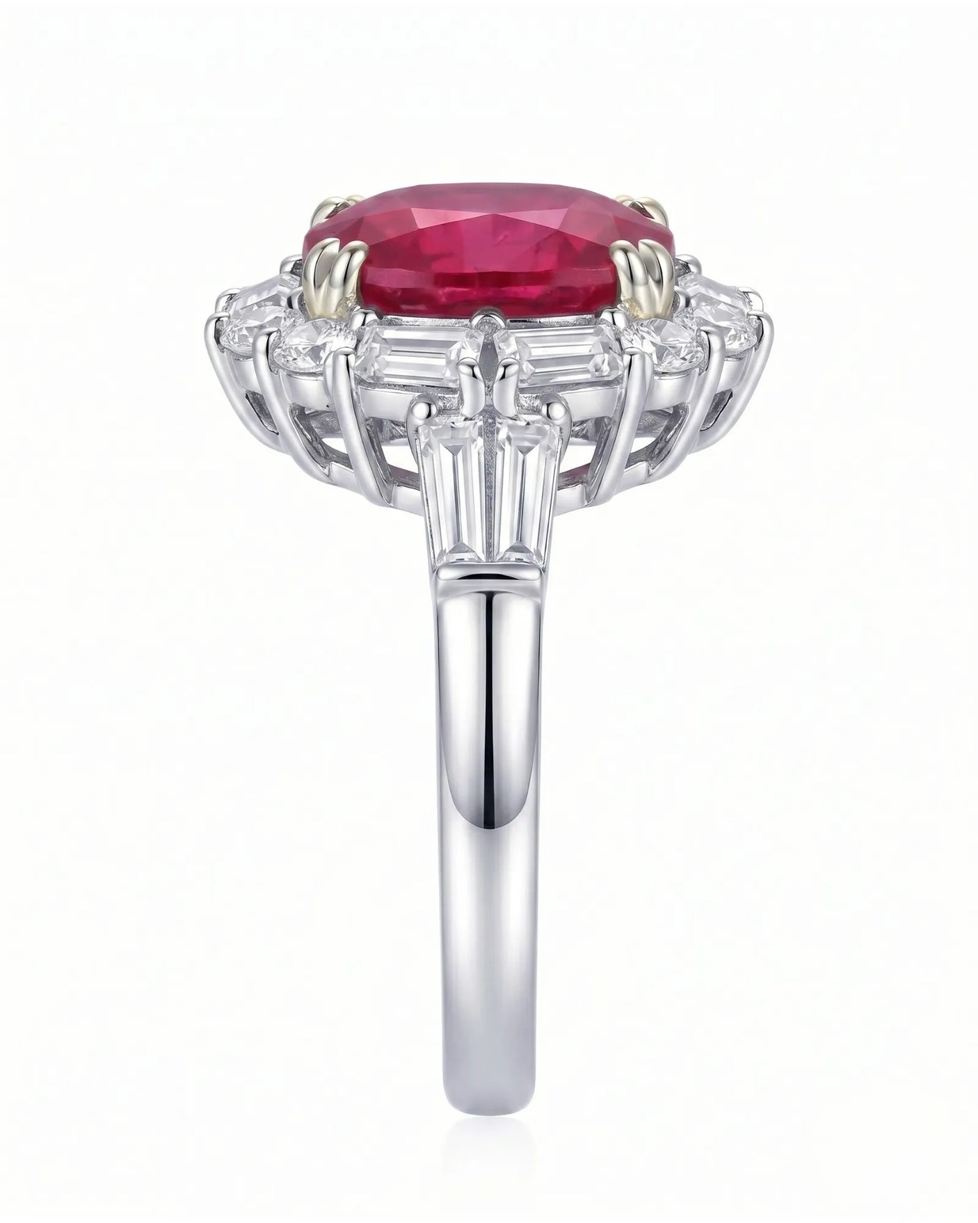 Pigeon blood ruby ring with geometric diamond halo in 18K white gold - SARATTI