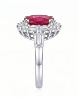 Pigeon blood ruby ring with geometric diamond halo in 18K white gold - SARATTI